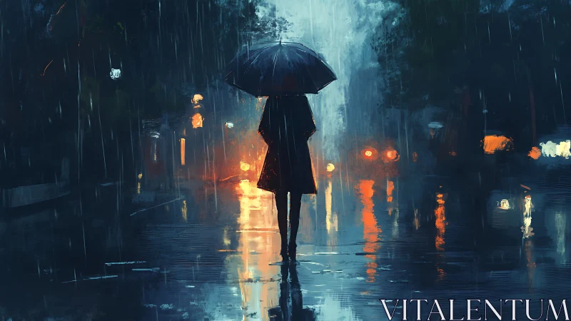 Solitary figure with umbrella in neon-lit rainy boulevard.