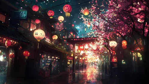 Night street scene renders wet reflections under lantern-lit cherry blossoms