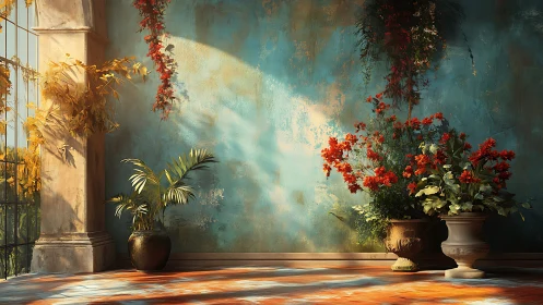 Sunlit veranda garden against a dreamy turquoise wall.