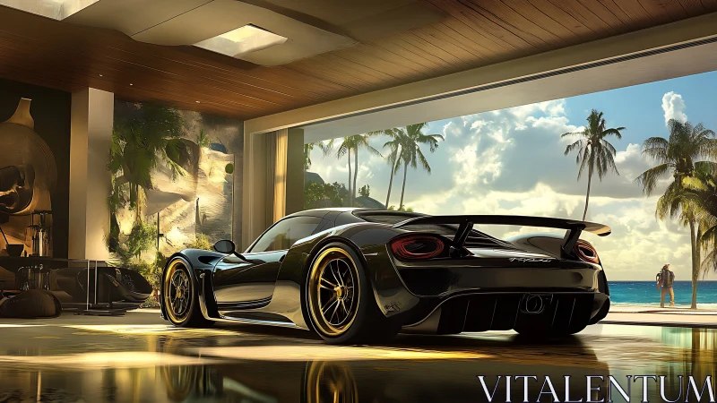 Sleek black supercar rests in a sunlit luxury beach garage