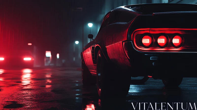 Midnight muscle car in neon rain on reflective city street.