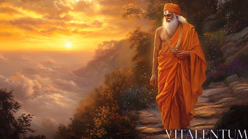 Elderly robed figure walking a cliff path at sunset.