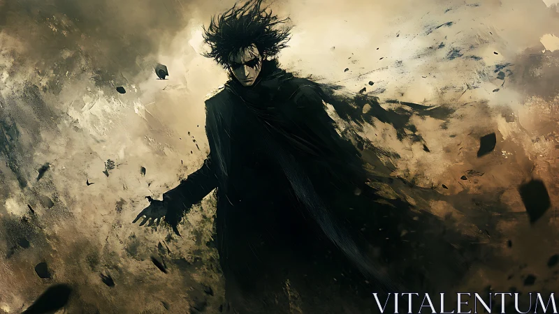 Dark robed figure dissolves into storm of abstract debris and dust