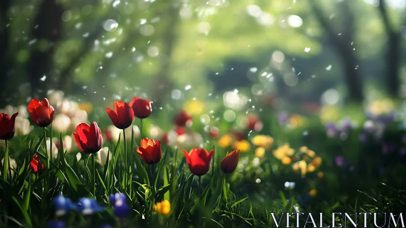 Red Tulips in Spring Garden with Bokeh.