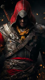 Hooded armored figure with sword in dark, embered setting.