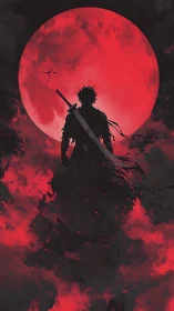 Blood‑red moon crowns lone swordsman in burning shadow clouds