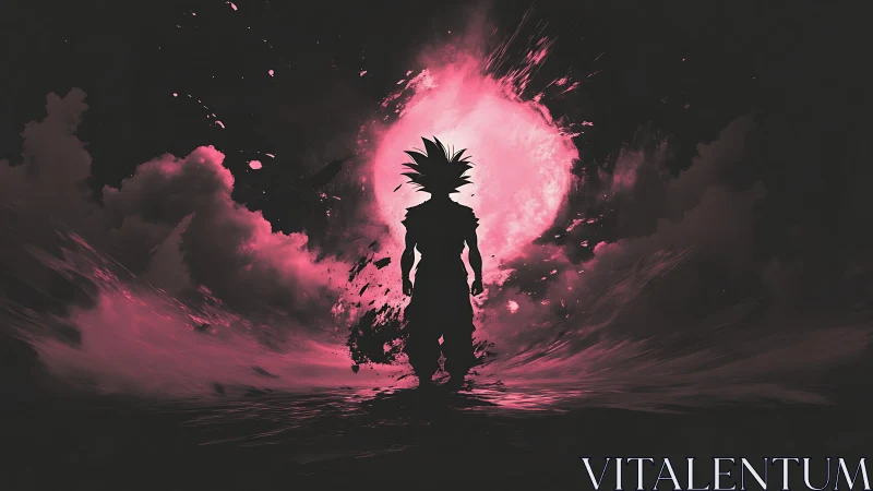 Silhouetted warrior stands before explosive pink energy sphere.
