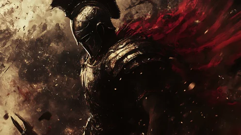 Storm-lit armored warrior strides forward through swirling ash