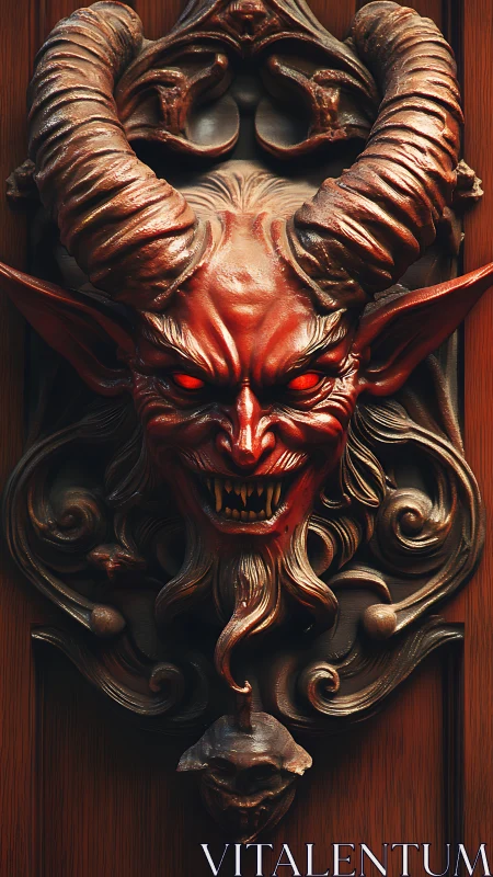 Demonic door knocker grins with wickedly ornate menace.