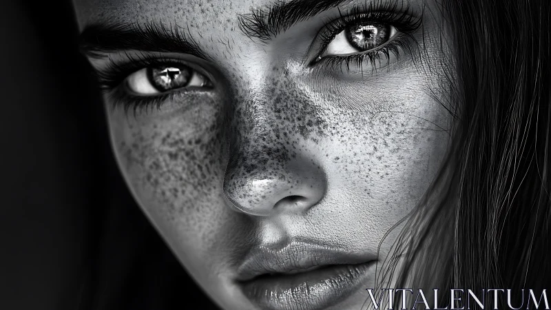 Gaze lingers on a freckled face with luminous grayscale eyes