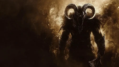 Horned demonic warrior emerges from chiaroscuro dust field