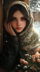 Young woman in winter shawl gazes softly through snowfall.