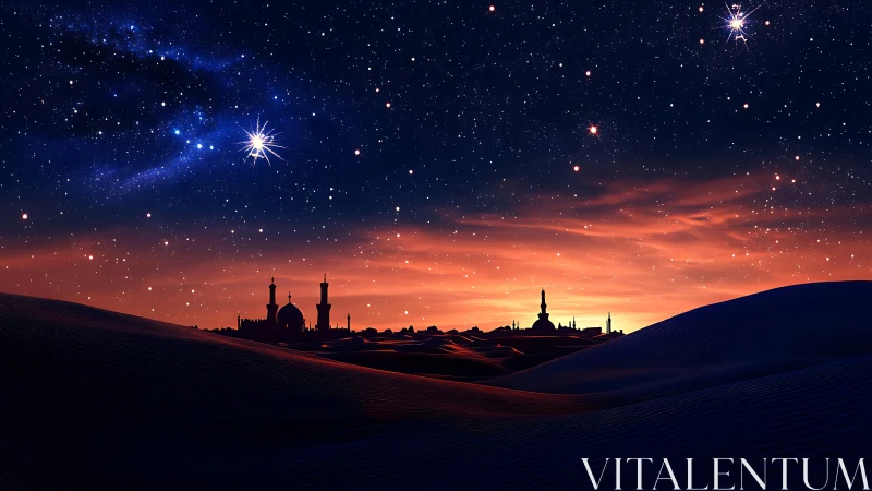 Desert dunes frame distant skyline beneath dense starfield