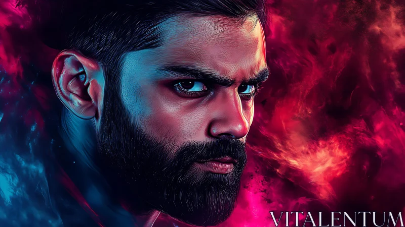 Intense bearded man in neon red and blue portrait art.