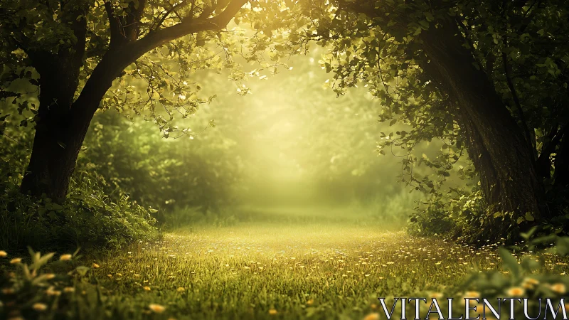 Forest clearing with overhanging tree canopy and grass ground.