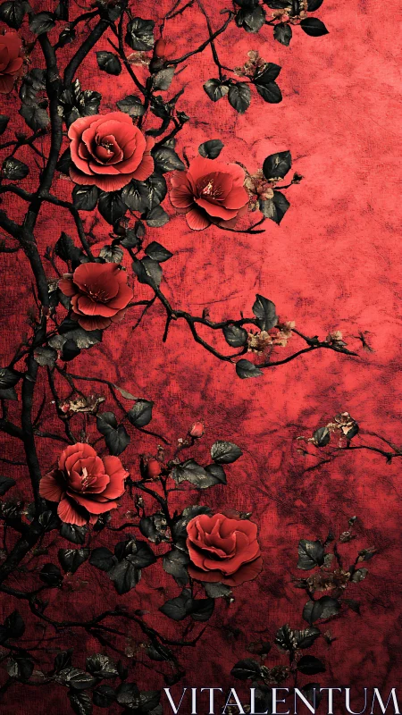 Red Roses Against Crimson Textured Wall.