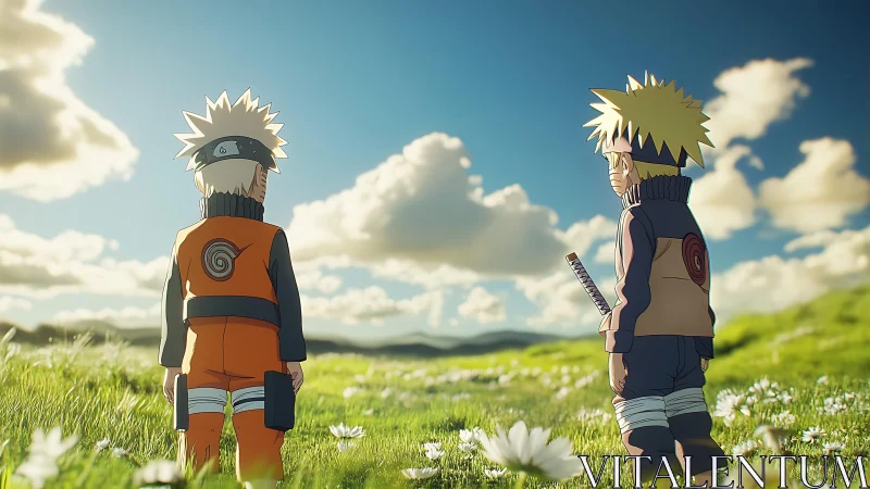 Anime boys stand in sunlit meadow under drifting clouds.