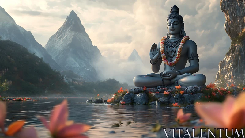 Mountain lake deity statue amid lotus blooms at sunrise.