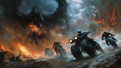 Hellstorm Riders outrun a colossal fireborn demon skyward.