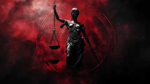 Striking Lady Justice stands strong in deep red shadows