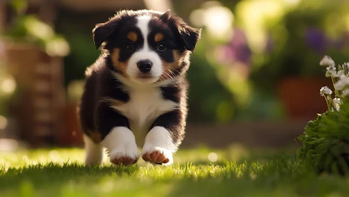 Photorealistic puppy portrait in shallow-depth garden light.