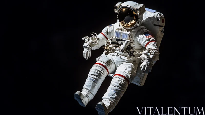 Astronaut in full EVA suit floating in open space darkness