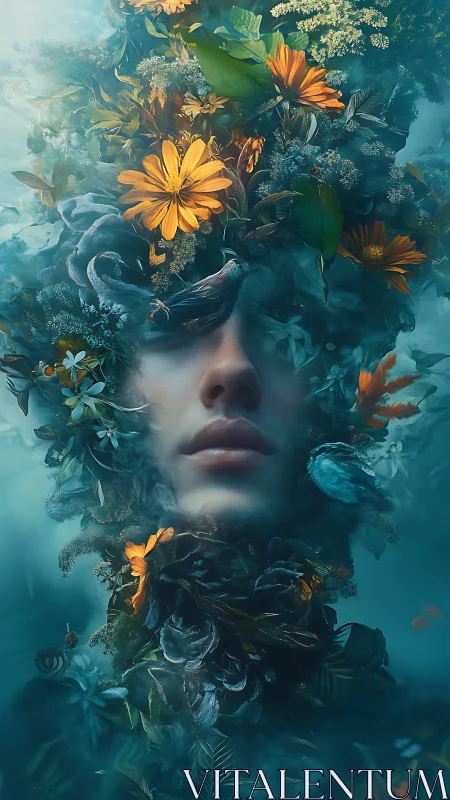 Human face integrated with floral and avian elements underwater.