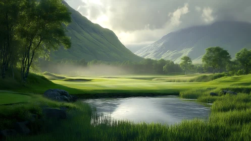 Golf course fairway extends beside reflective water under hills