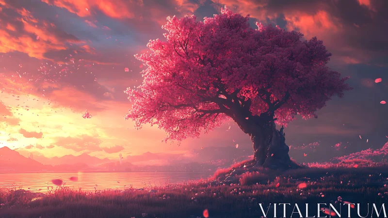 Pink blossom tree dominates lakeside sunset landscape view