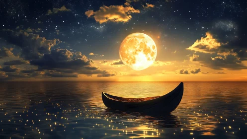 Luminous full moon aligns with solitary boat on reflective sea