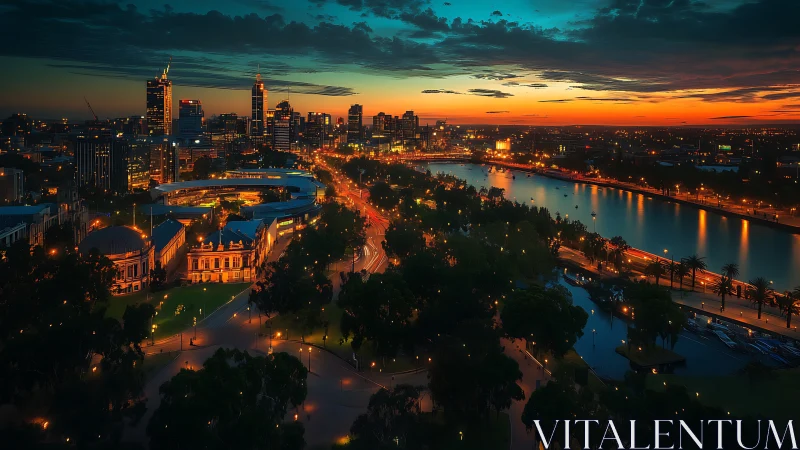 Riverfront city skyline glows under vivid sunset sky