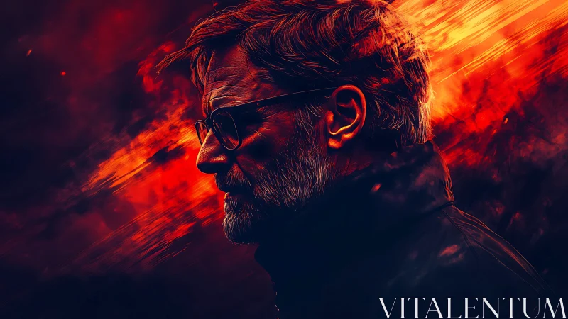 Digital painting portrait with dynamic fiery motion streaks.