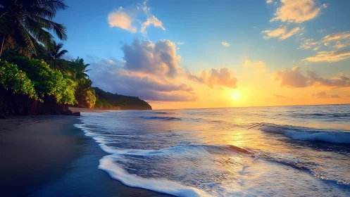 Sunlit waves whisper toward a palm-draped tropical shoreline