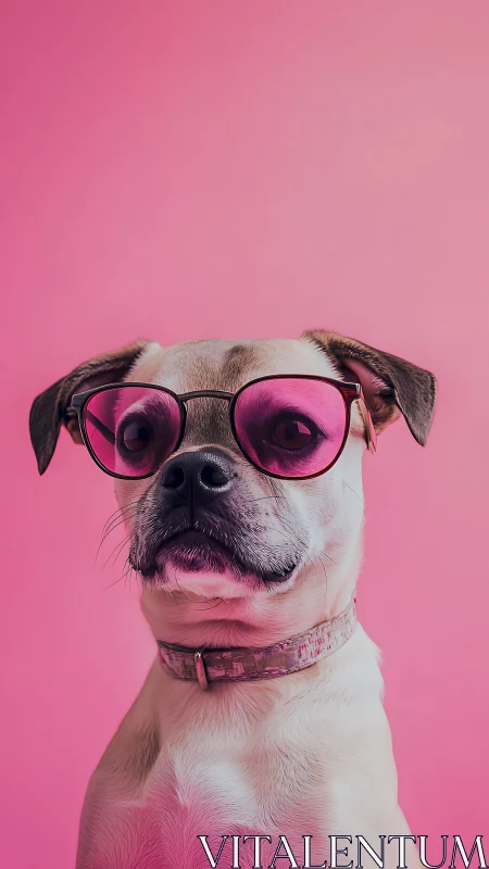 Small dog wearing tinted sunglasses against pink backdrop.