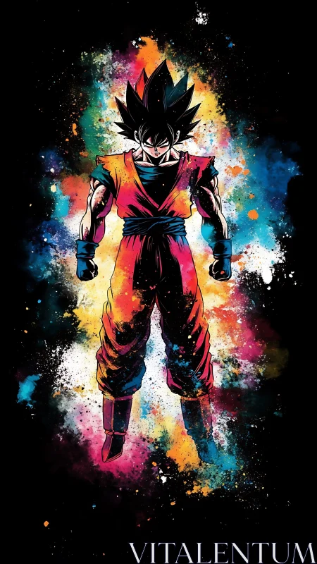 Explosive ink-splash warrior amid cosmic color field.