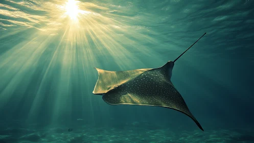 Spotted manta ray glides through sunlit ocean depths.
