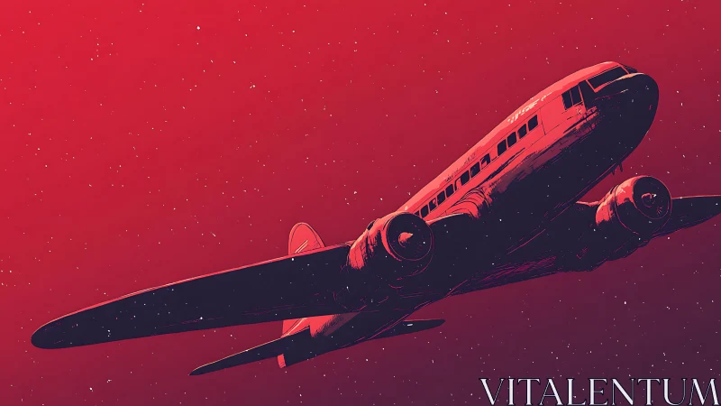 Red-toned illustration of vintage propeller airplane in flight.