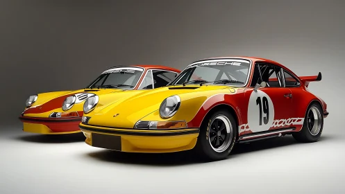 Two classic racing coupes with yellow and red bodywork.