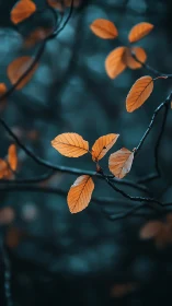 Orange autumn leaves on dark branches in soft forest focus.