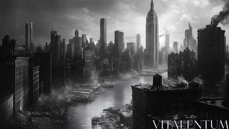 Silent riverside skyline in a haunting post‑city dusk.