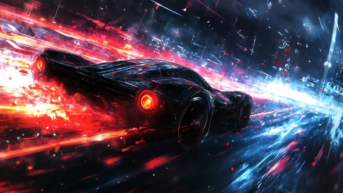 Futuristic black supercar races through neon city street.
