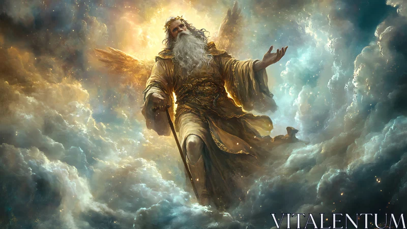 Celestial robed elder angel emerging from radiant storm clouds