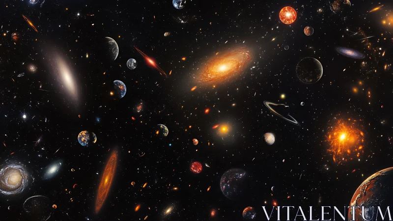 Multiverse starfield with galaxies, exoplanets, nebular flares rendered