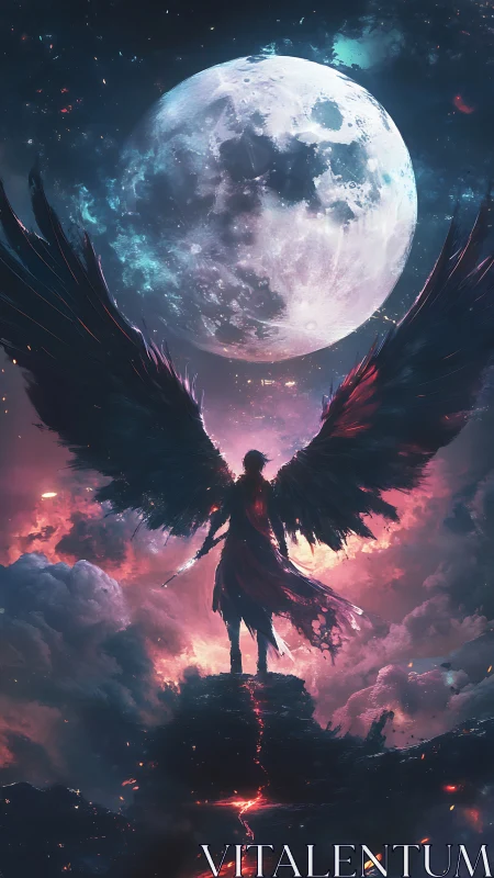 Moonlit winged guardian stands boldly above fiery clouds