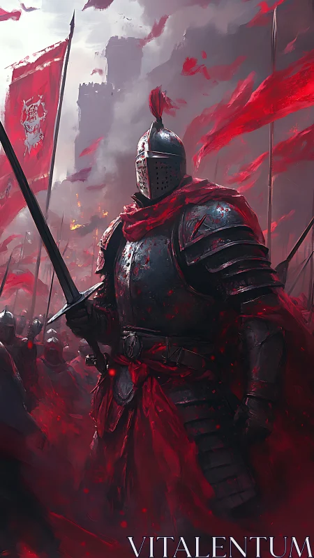 Digital painting of red-bannered armored knight in battle haze.
