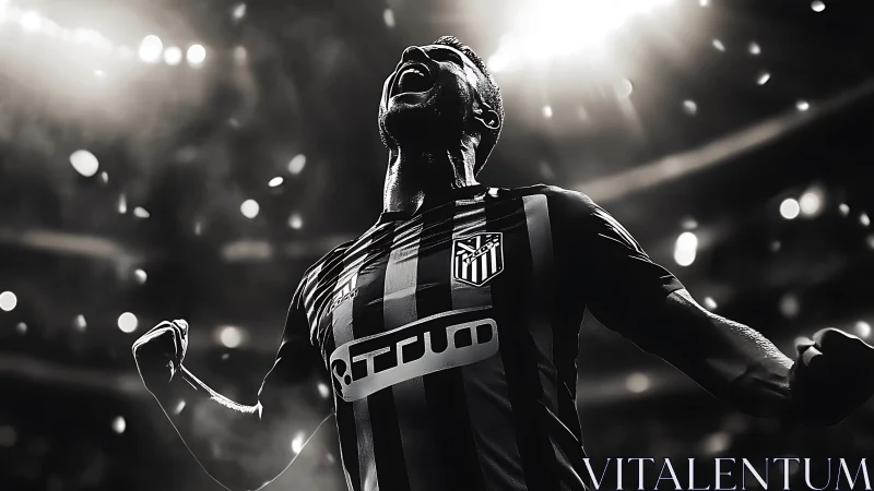 Soccer player celebrates under stadium floodlights at night.