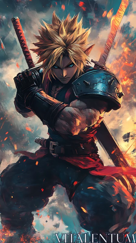 Fierce swordsman in a storm of sparks and rising fire.