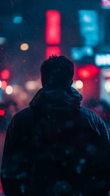 Silhouetted figure stands in neon lit city street during rain