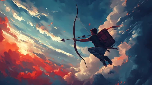 Skybound archer leaping through glowing sunset clouds.