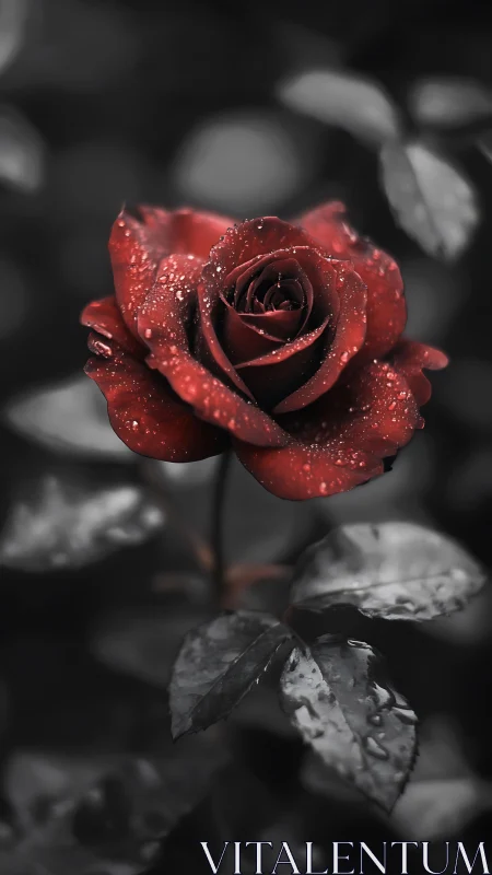 Red Rose with Dewdrops Against Desaturated Foliage